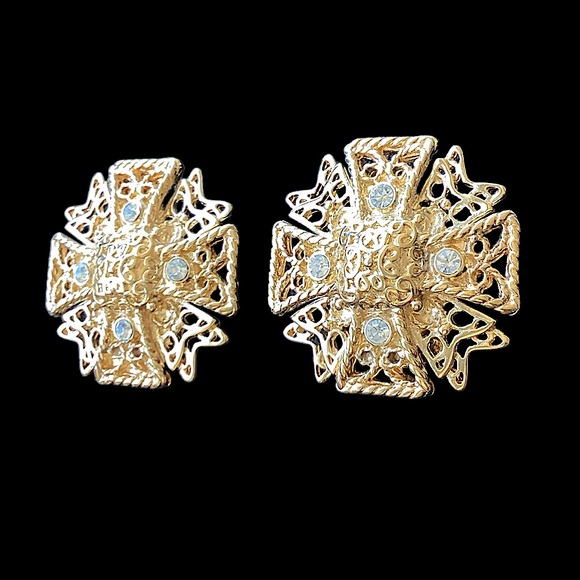 Vintage 1980’s Kenneth Jay Lane Maltese Cross Clip Earrings (t00) - Picture 6 of 7
